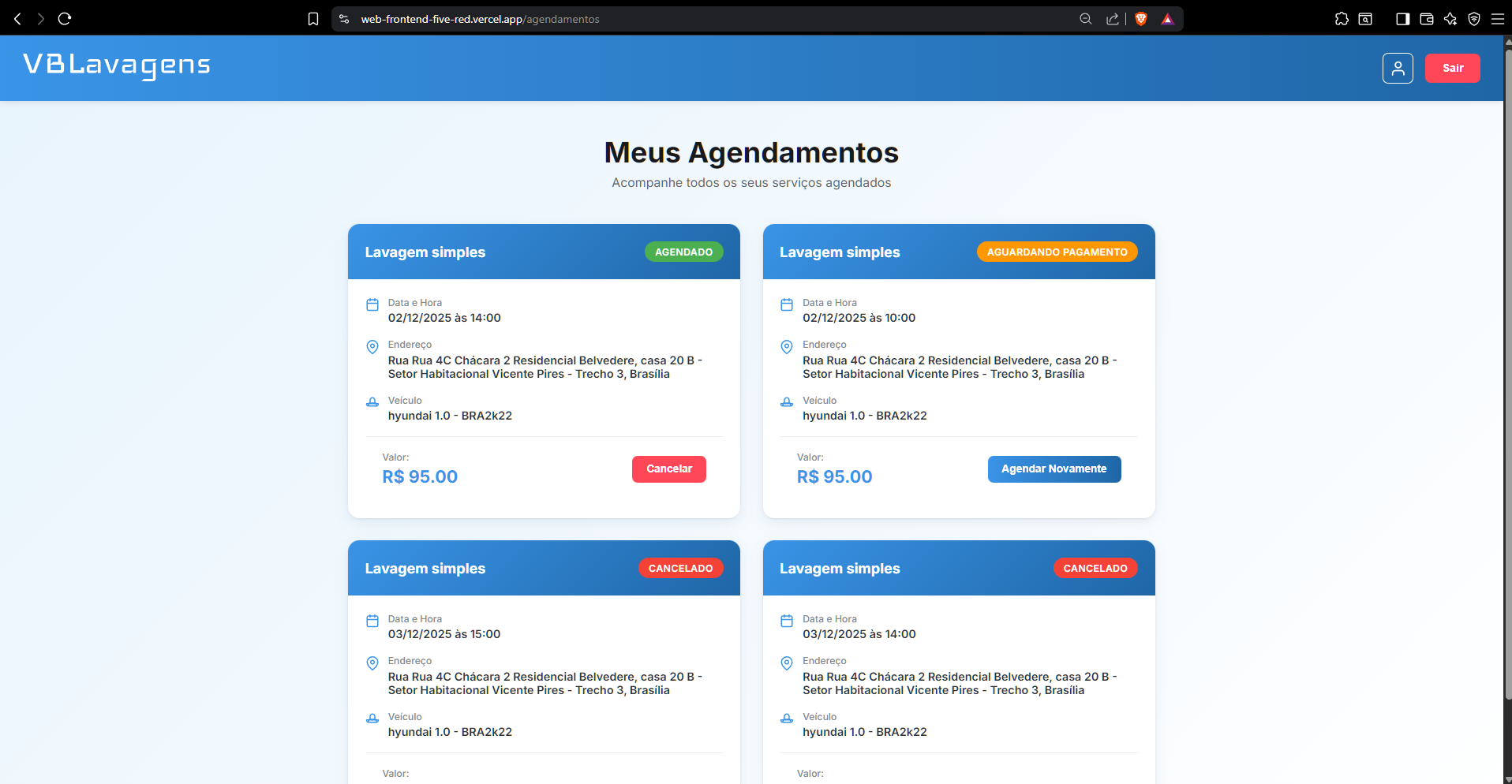 Agendamentos – cancelar/visualizar (cliente) – versão final