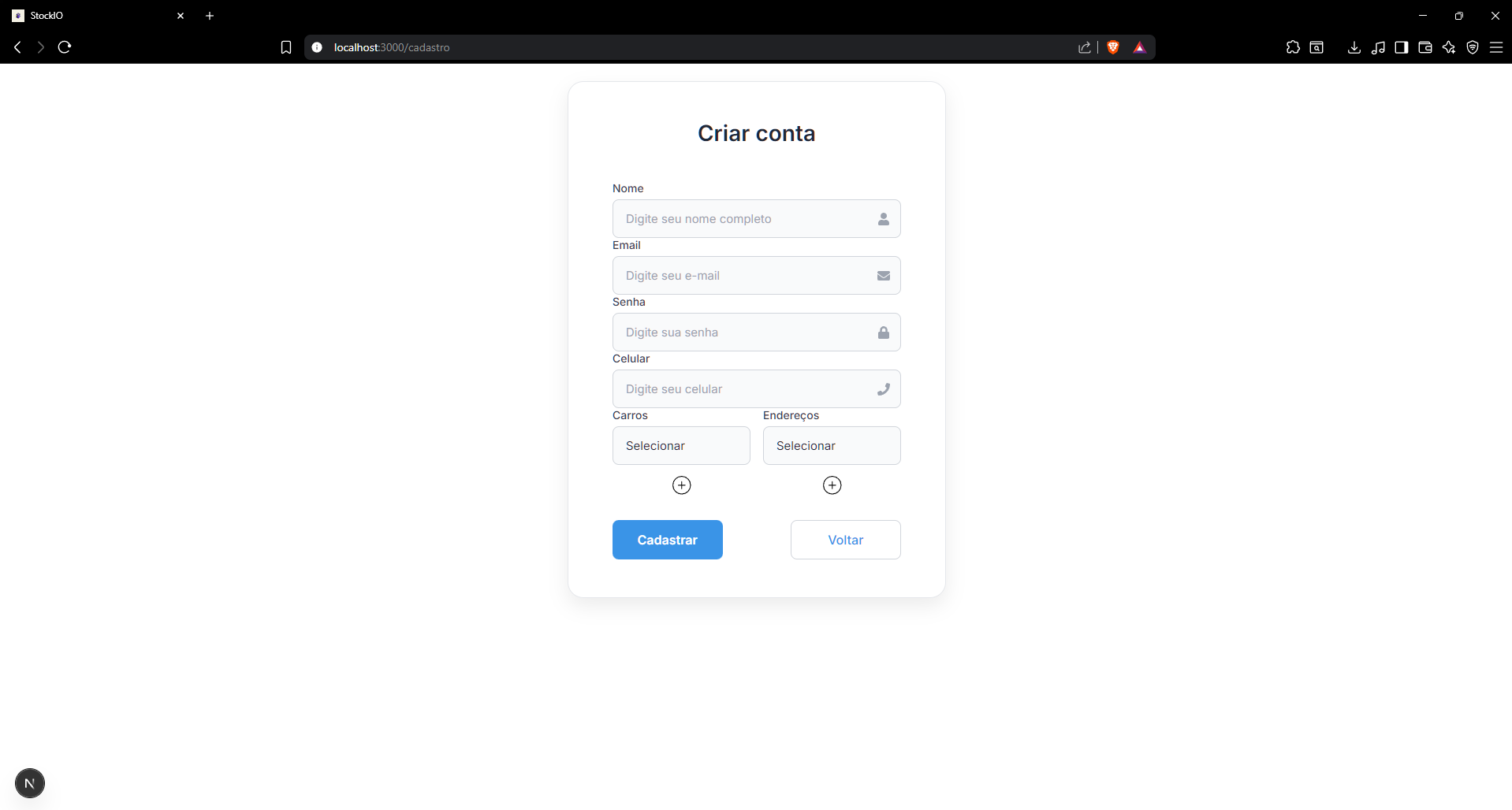 Cadastro no protótipo