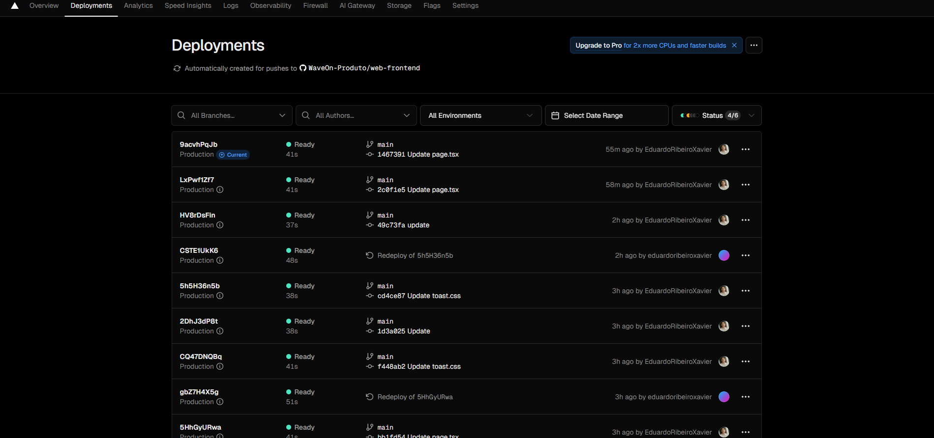 Lista de deploys recentes