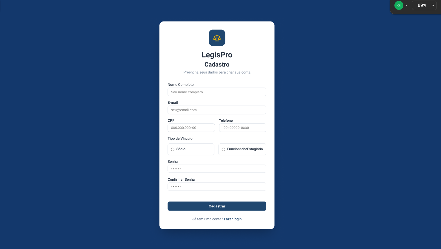 Print do protótipo da tela Cadastro do LegisPro