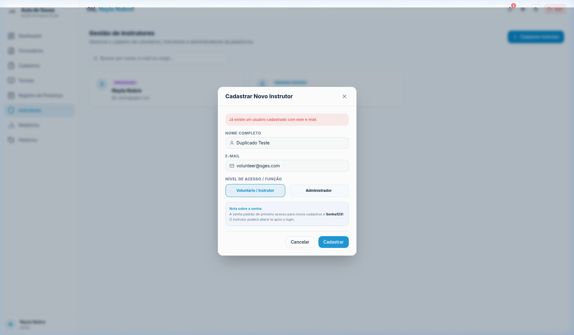 Evidência de Exceção - E-mail já Cadastrado