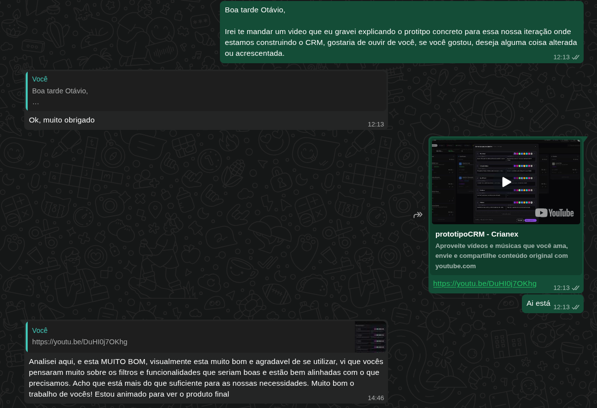 Feedback do cliente Otávio sobre o protótipo do CRM
