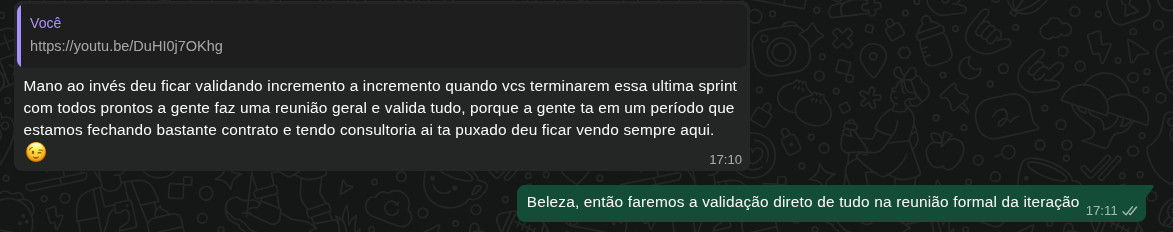 Print da conversa com o cliente justificando a ausência de validação parcial na IT2