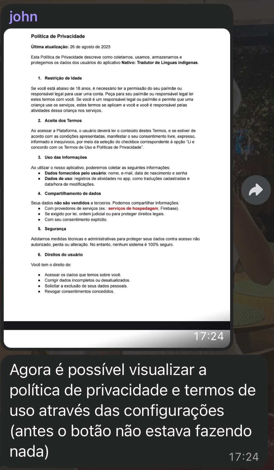 Visualização dos termos de uso