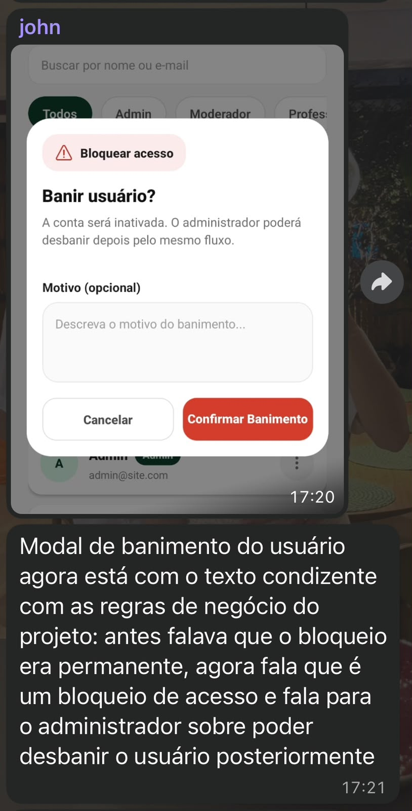 Mensagem de banimento ajustada